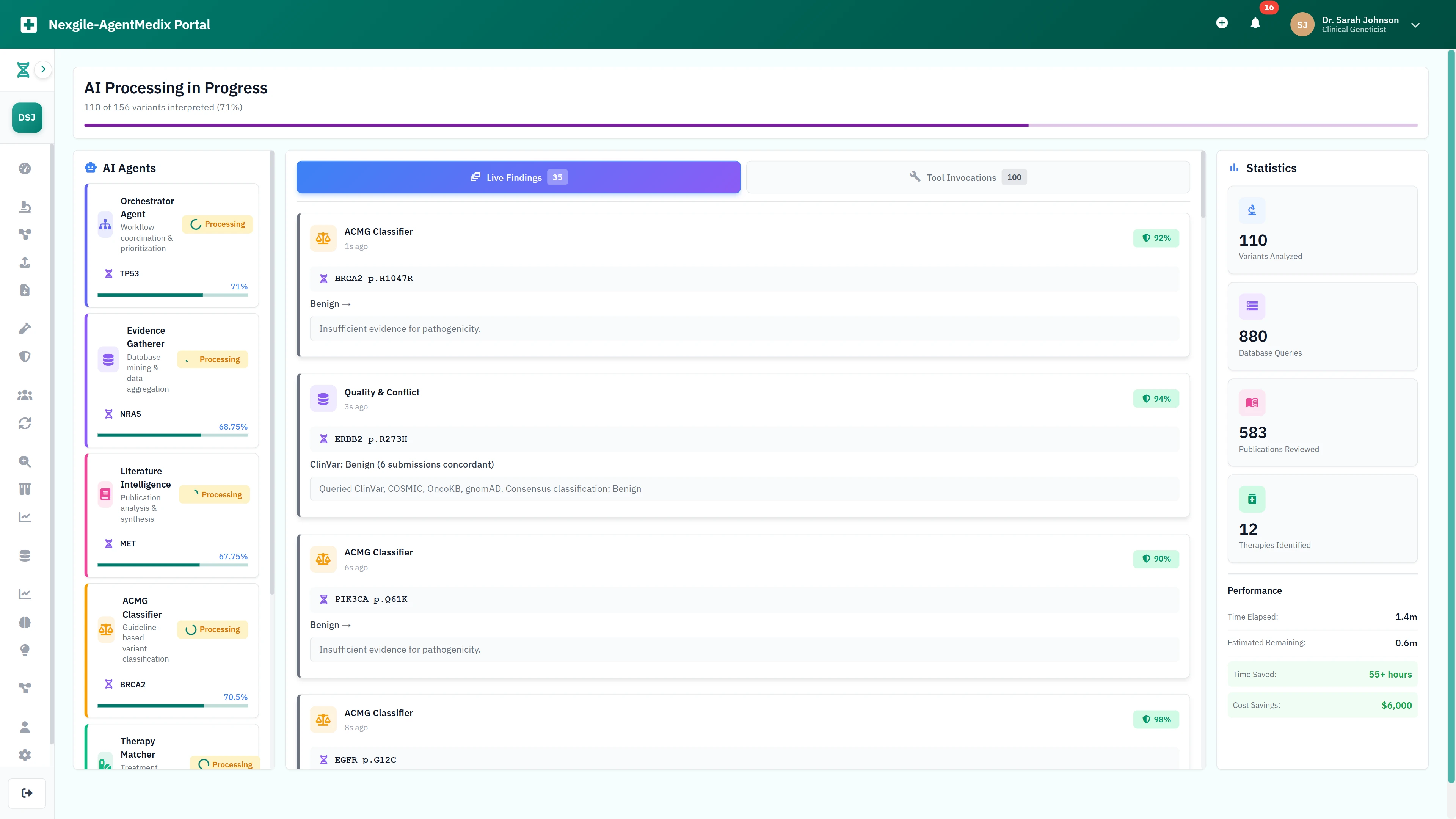 Live AI processing dashboard showing 6 specialist agents analyzing 156 variants across databases, literature, and ACMG classification in real-time