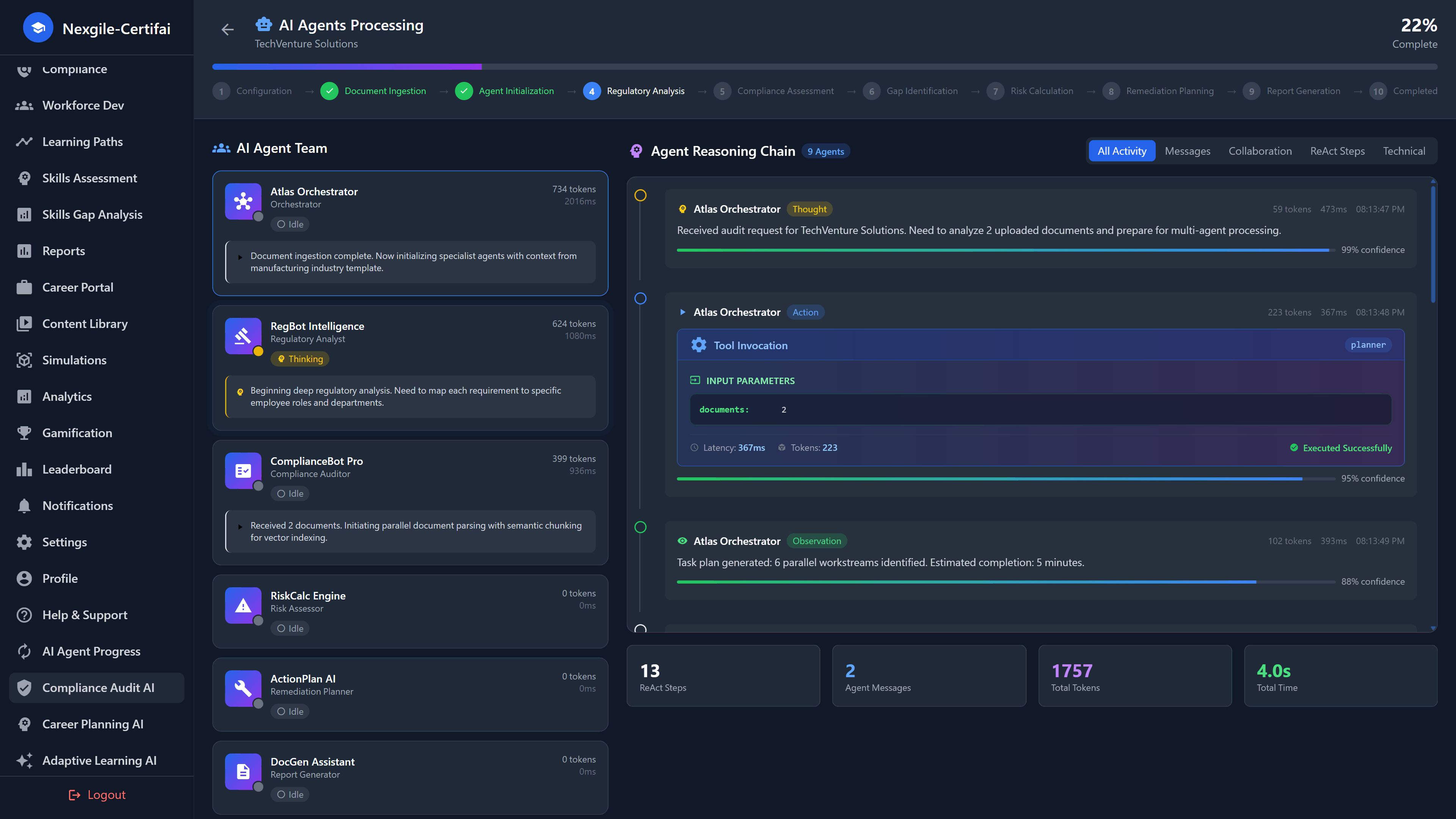 Multi-Agent Processing Dashboard - AI agents analyzing compliance with ReAct reasoning