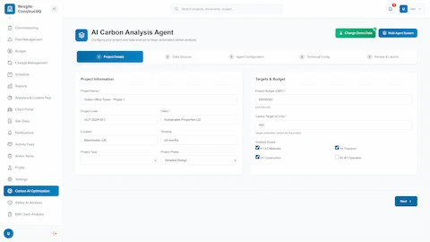 Project configuration screen with carbon targets, budget settings, and analysis scope options for materials, transport, and construction phases.