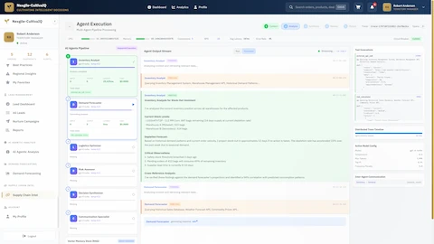 Live agent execution showing sequential multi-agent pipeline processing with real-time output streams and distributed tracing