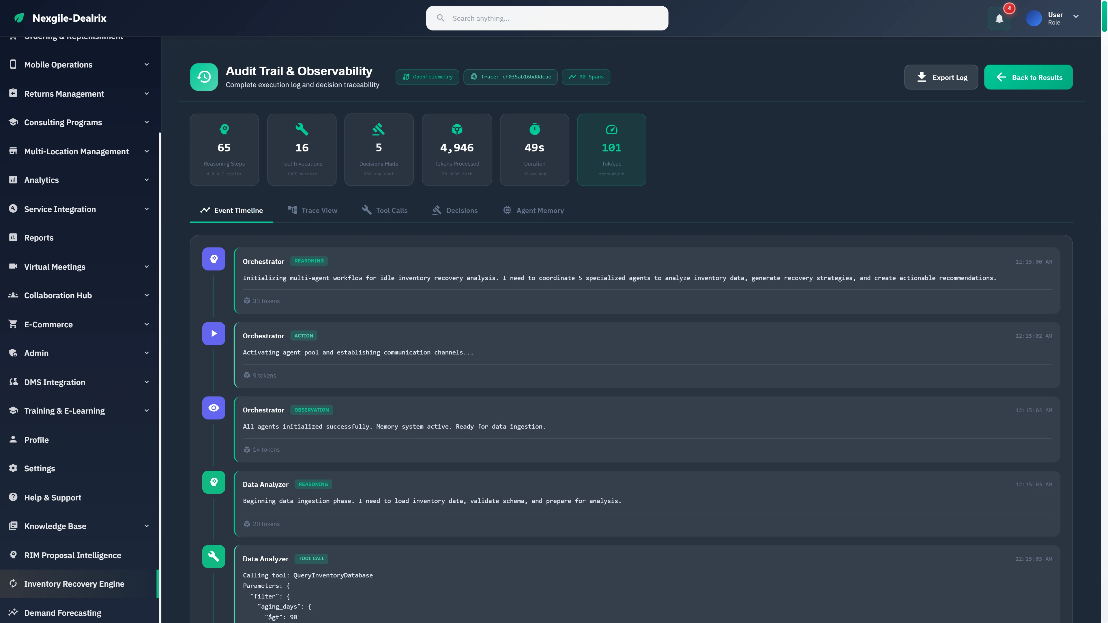 Audit Trail & Observability showing 65 reasoning steps, 16 tool invocations, 5 decisions made, with detailed event timeline and agent traces.