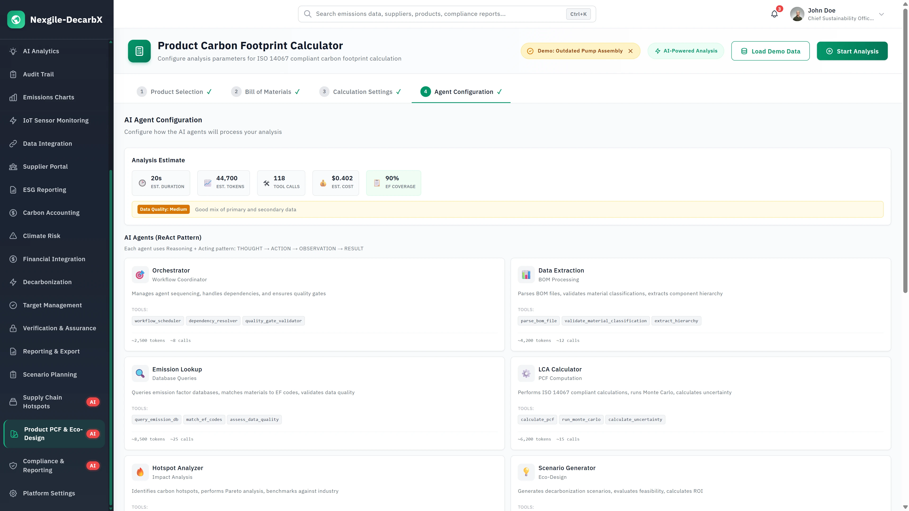 Product Carbon Footprint Calculator - AI agent configuration interface showing analysis estimate, agent workflow setup, and specialized agents for BOM processing.