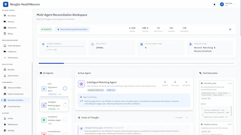 Live reconciliation workspace showing Intelligent Matching Agent executing semantic similarity algorithms with real-time chain-of-thought, tool execution visibility, and technical performance metrics