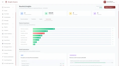 AI explainability interface with feature importance analysis, SHAP values, and counterfactual explanations for transparent decision-making