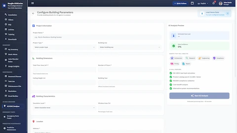Configure Building Parameters - Multi-step form for entering project info, building dimensions, and location for AI-powered HVAC analysis