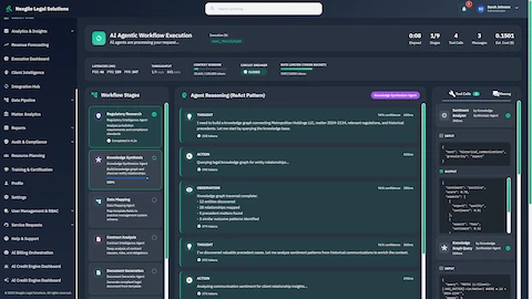 Workflow Execution Visualization - Real-time agent orchestration showing 9-stage pipeline progress, Knowledge Synthesizer Agent demonstrating ReAct reasoning pattern with THOUGHT-ACTION-OBSERVATION cycles, live tool calls for Sentiment Analyzer and Knowledge Graph Query, execution metrics including latencies, throughput, context window usage, and token consumption tracking