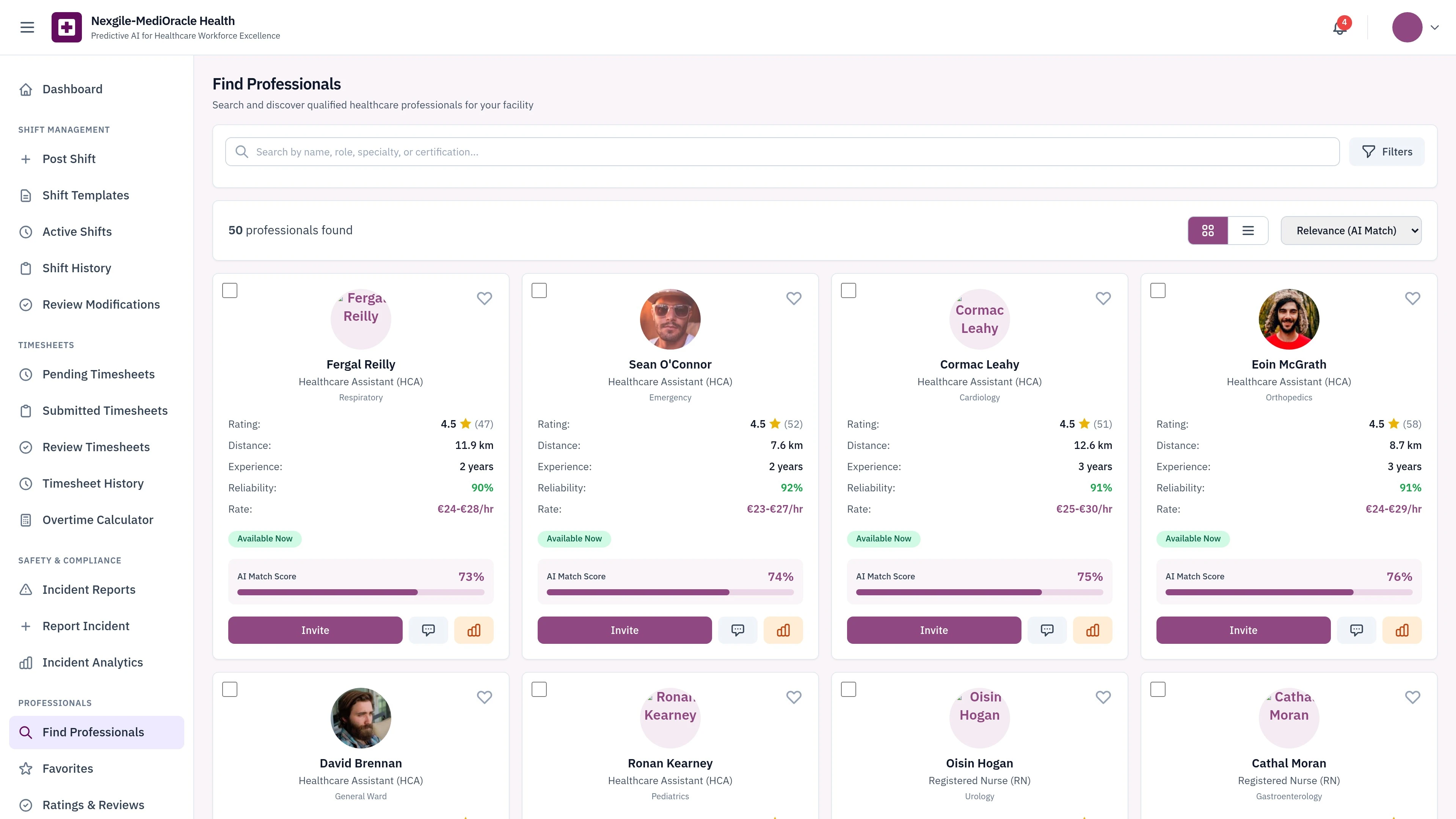 Professionals Search - Healthcare professional discovery interface with comprehensive rating and filtering systems