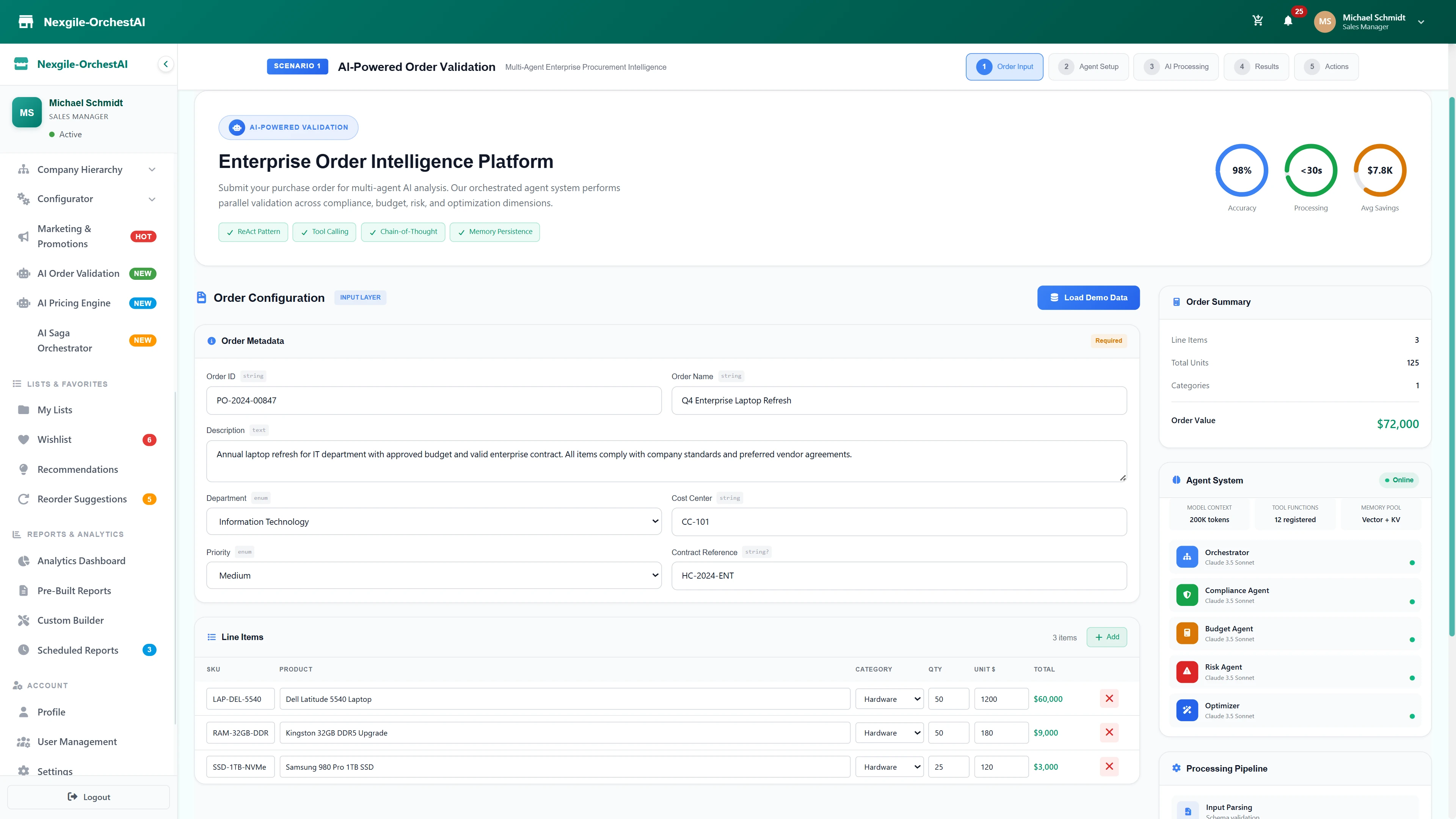 Order Input Configuration - Submit purchase orders with metadata, line items, and real-time agent system status showing multi-agent validation readiness