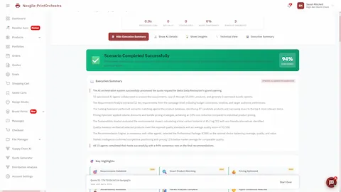 Scenario completed successfully with 94% confidence showing AI-generated execution summary, 10-agent collaboration results, key highlights for requirements validation, product matching, and pricing optimization.