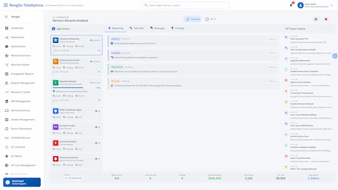 Device Lifecycle Analysis Execution - Live agent status tracking with reasoning streams and event timeline