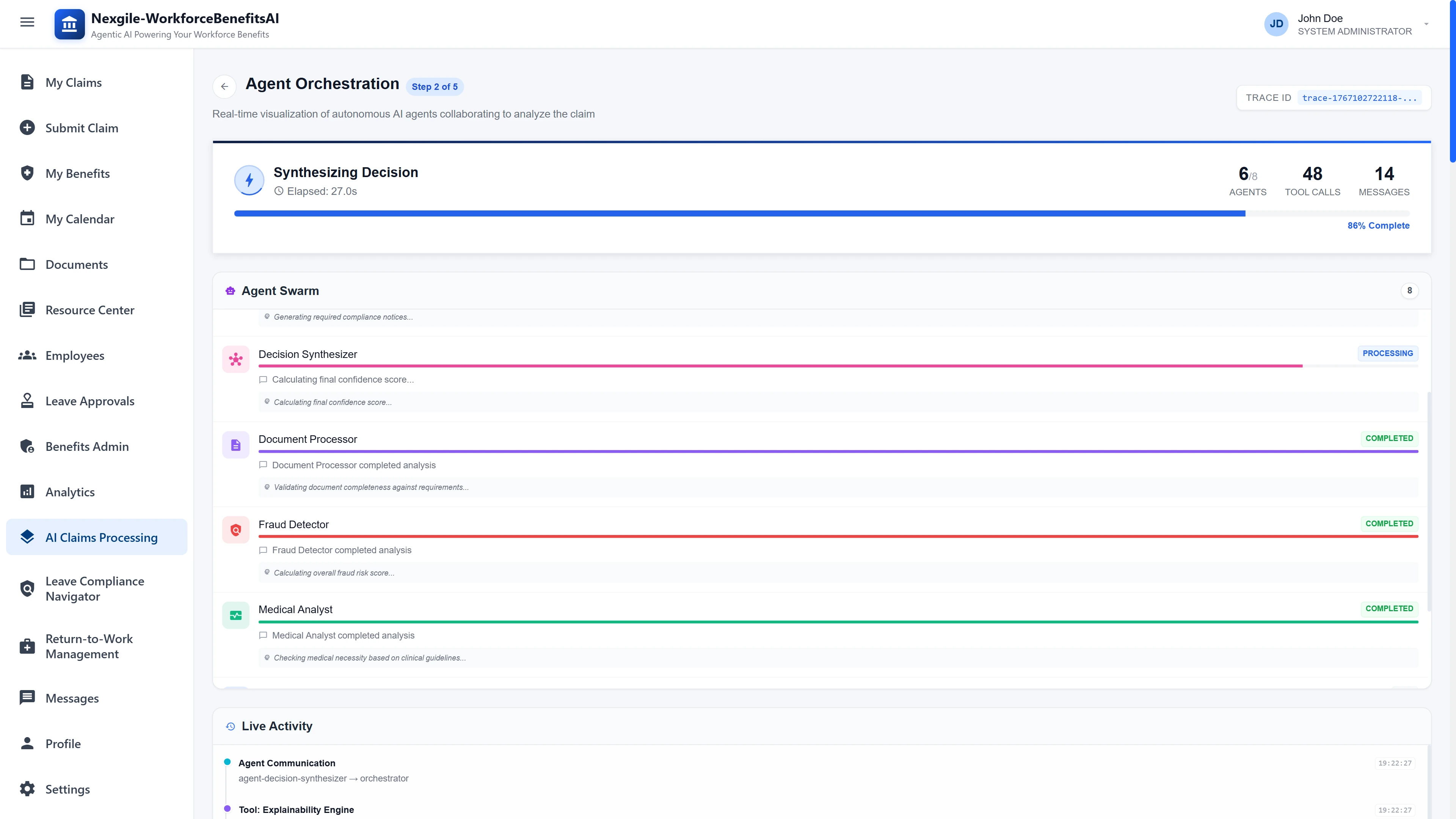 Agent Orchestration Dashboard - Real-time visualization of 8 AI agents collaborating to analyze disability claims, showing Decision Synthesizer, Document Processor, Fraud Detector, and Medical Analyst with live activity feed and progress tracking